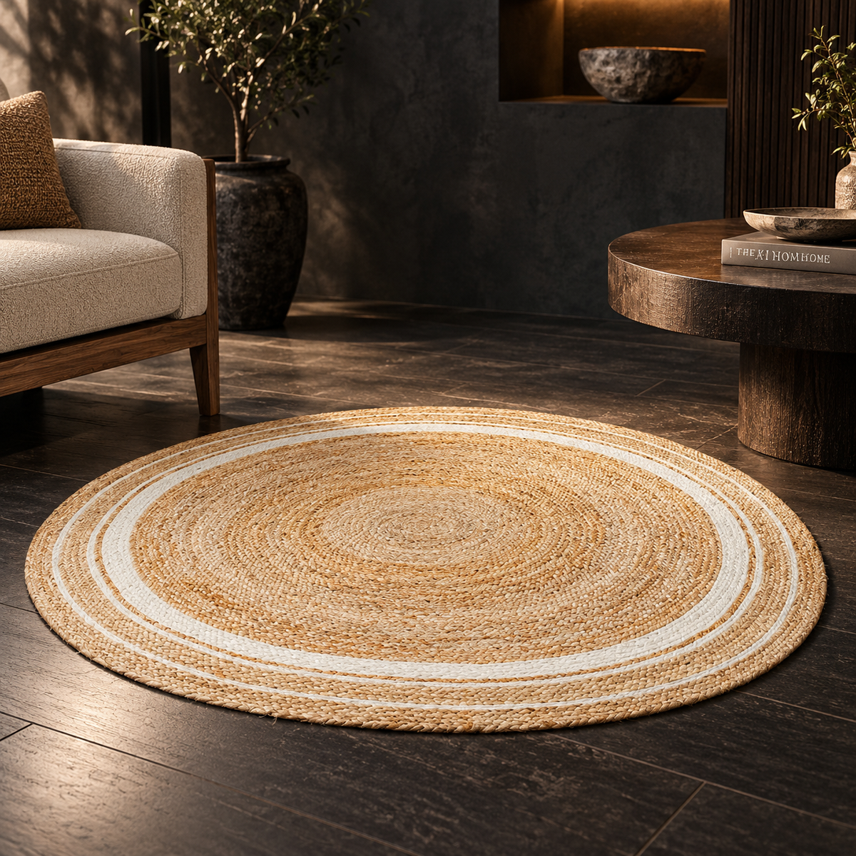 Elaria Beige & White Round Jute Rug – Handwoven Natural Fiber Accent Carpet