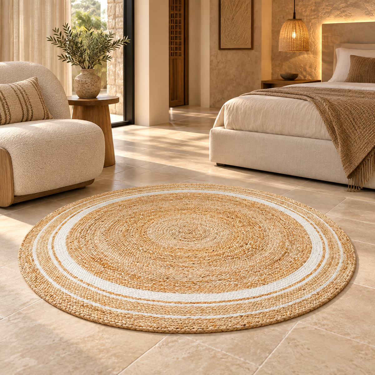 Elaria Beige & White Round Jute Rug – Handwoven Natural Fiber Accent Carpet