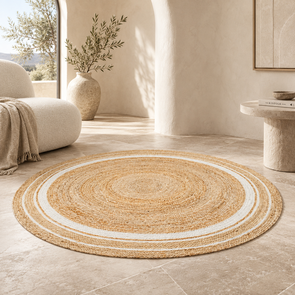 Elaria Beige & White Round Jute Rug – Handwoven Natural Fiber Accent Carpet