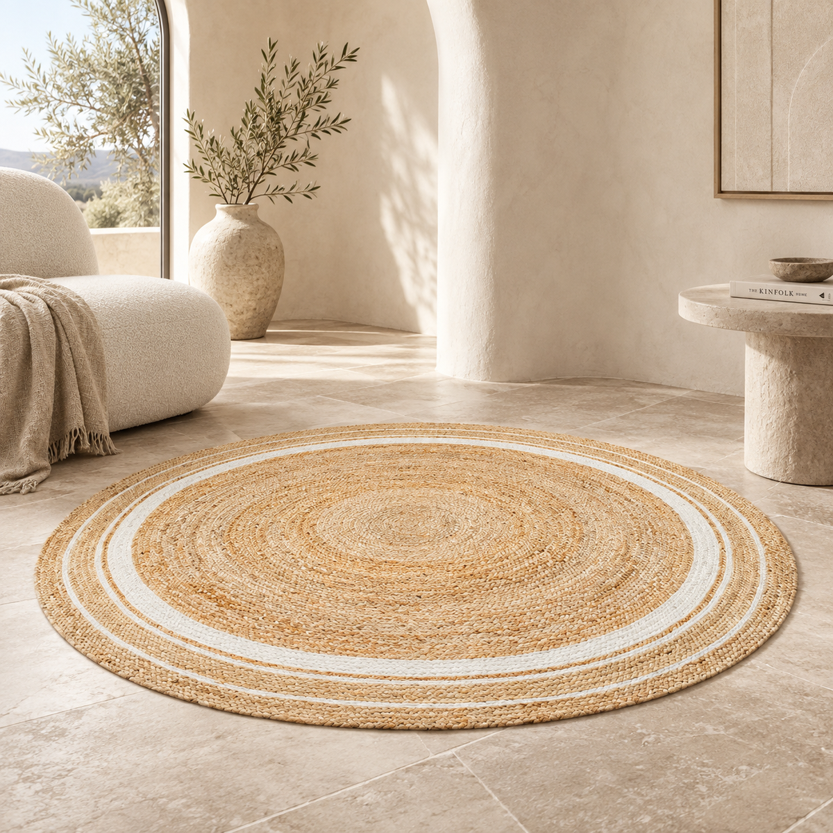 Elaria Beige & White Round Jute Rug – Handwoven Natural Fiber Accent Carpet