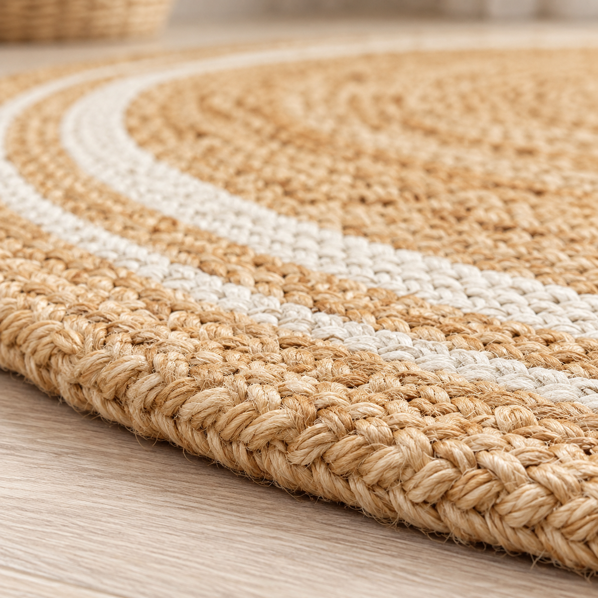 Elaria Beige & White Round Jute Rug – Handwoven Natural Fiber Accent Carpet