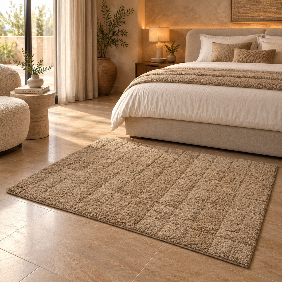 Elvara Cotton Bedside Runner Rug – Textured Neutral Floor Carpet