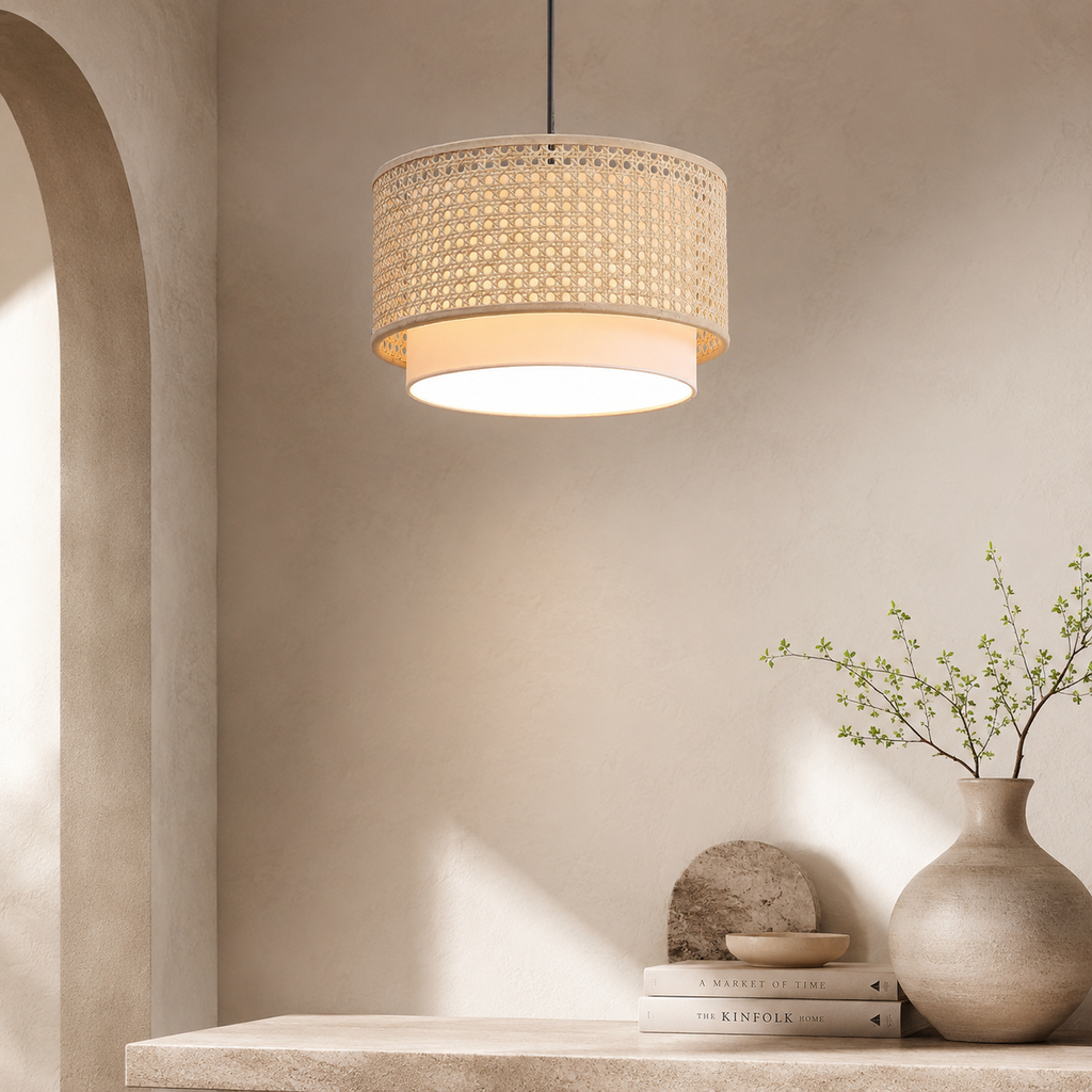 Handmade Rattan & Bamboo Pendant Light – Woven Cane Ceiling Lamp