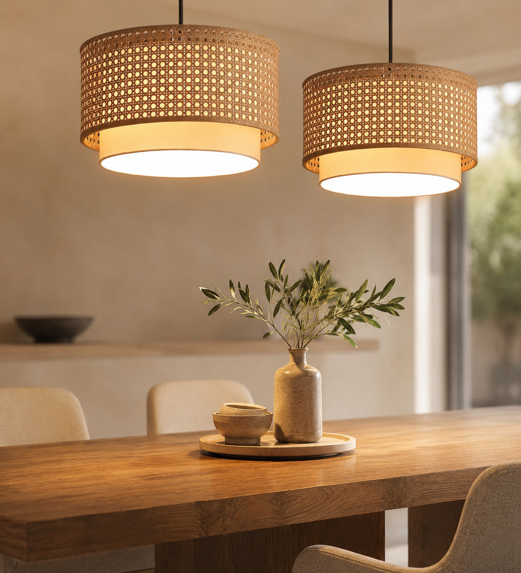 Handmade Rattan & Bamboo Pendant Light – Woven Cane Ceiling Lamp