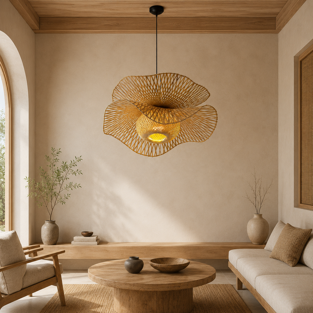Handwoven Bamboo & Rattan Pendant Light – Boho Ceiling Lamp with E27 Holder