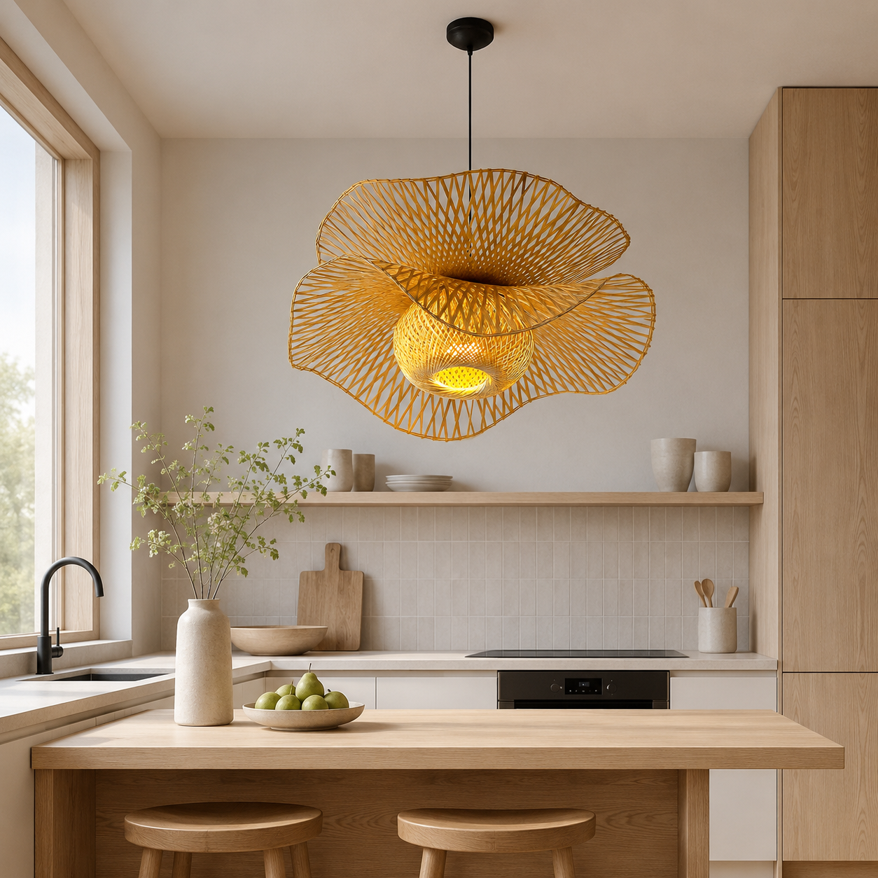Handwoven Bamboo & Rattan Pendant Light – Boho Ceiling Lamp with E27 Holder