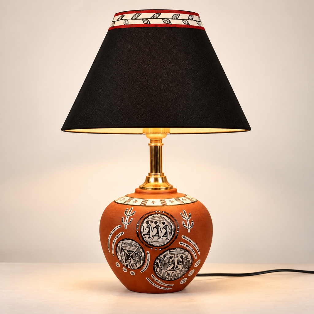 Kavya Tribal Terracotta Table Lamp | Multicolor Cotton Shade | Handmade-Style Decorative Bedside Lamp