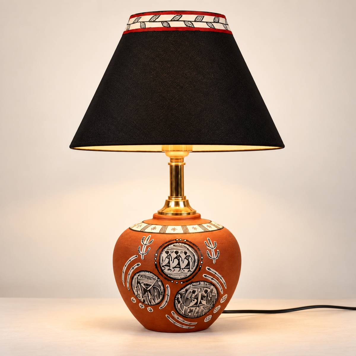 Kavya Tribal Terracotta Table Lamp | Multicolor Cotton Shade | Handmade-Style Decorative Bedside Lamp