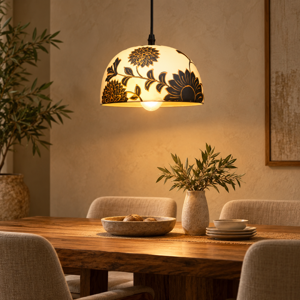 Aarika Terracotta Bloom Hanging Lamp | Hand-Painted Indian Pendant Light | Eco-Friendly Artisan Lighting