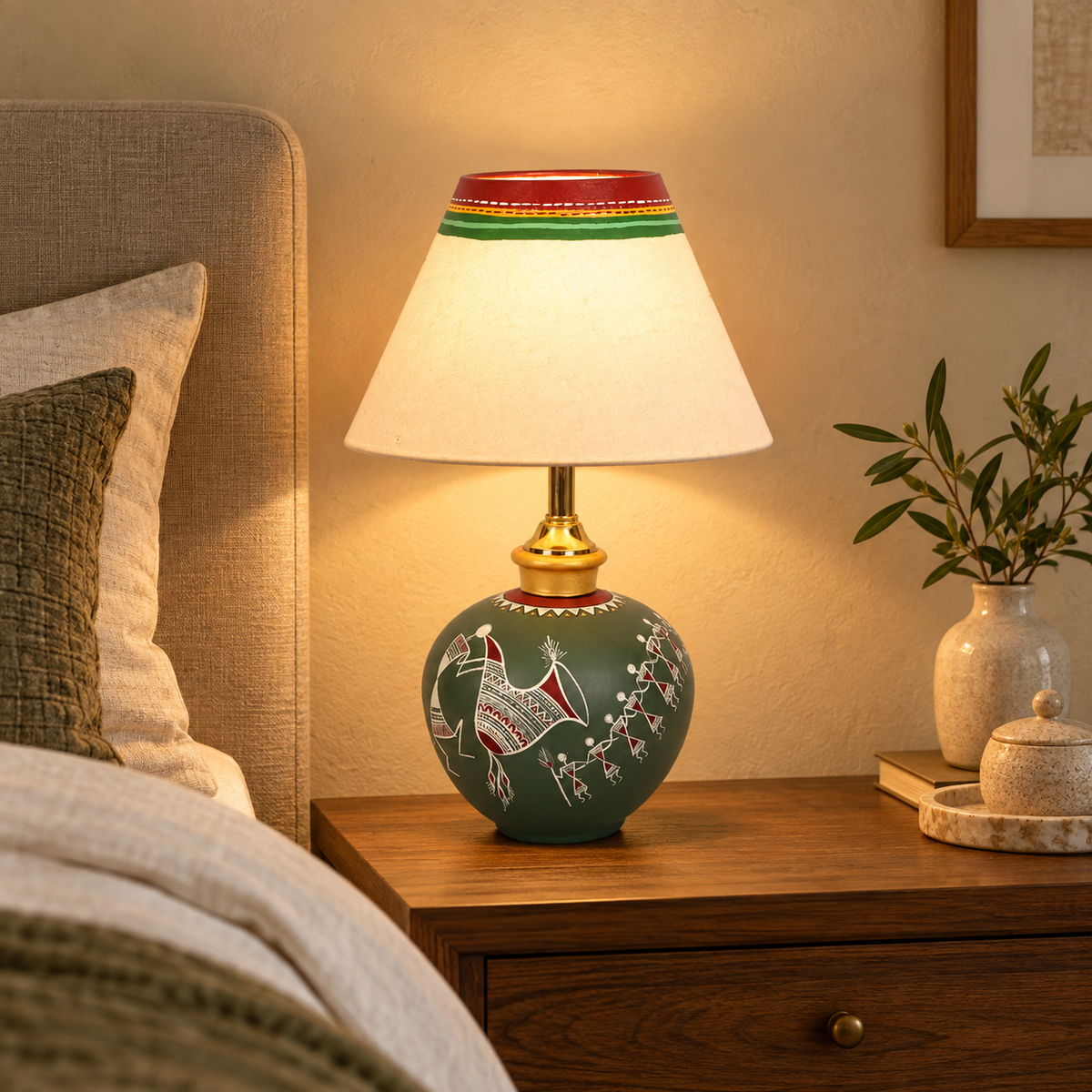 Meher Tribal Terracotta Table Lamp | Multicolor Fabric Shade | Decorative Indian Table Light