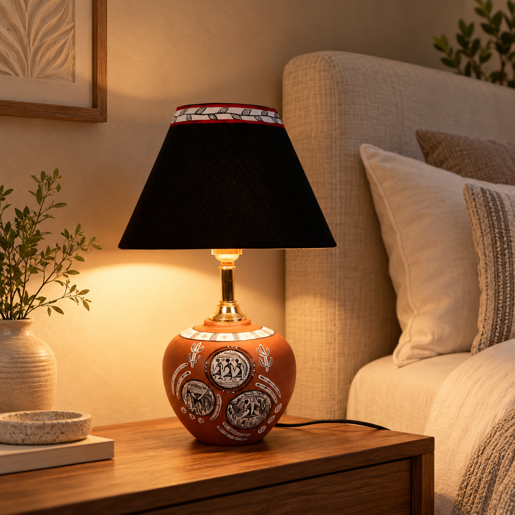 Kavya Tribal Terracotta Table Lamp | Multicolor Cotton Shade | Handmade-Style Decorative Bedside Lamp