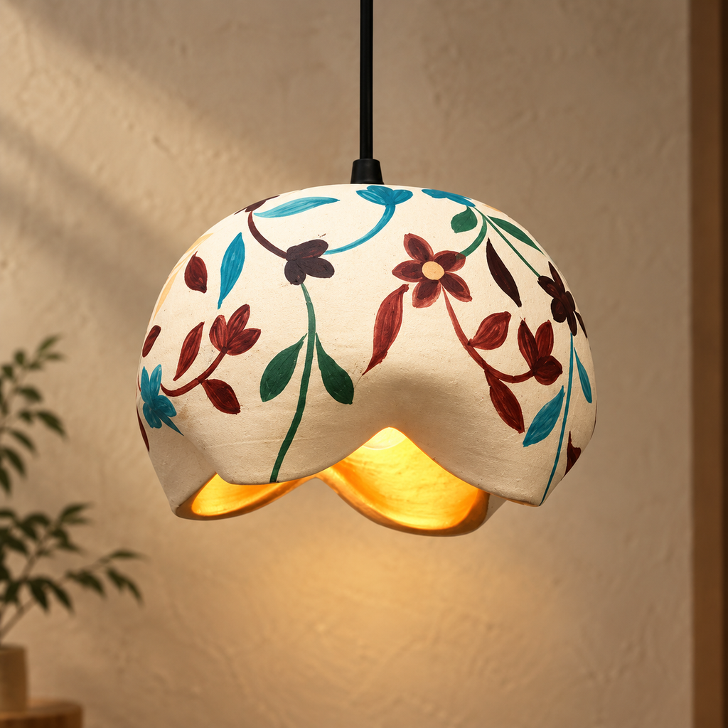 Ishani Terracotta Bloom Hanging Lamp | Hand-Painted Flower Pendant Light | Eco-Friendly Indian Craft Décor