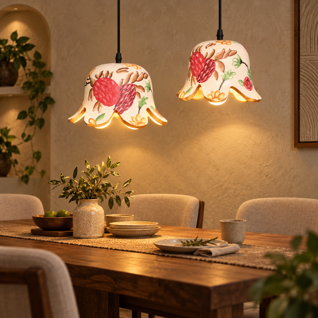 Mrittika Bloom Hanging Lamp | Hand-Painted Terracotta Pendant Light | Sustainable Indian Craft Lighting