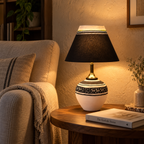 Avni Tribal Terracotta Table Lamp | Black Fabric Conical Shade | Hand-Painted Indian Décor Light