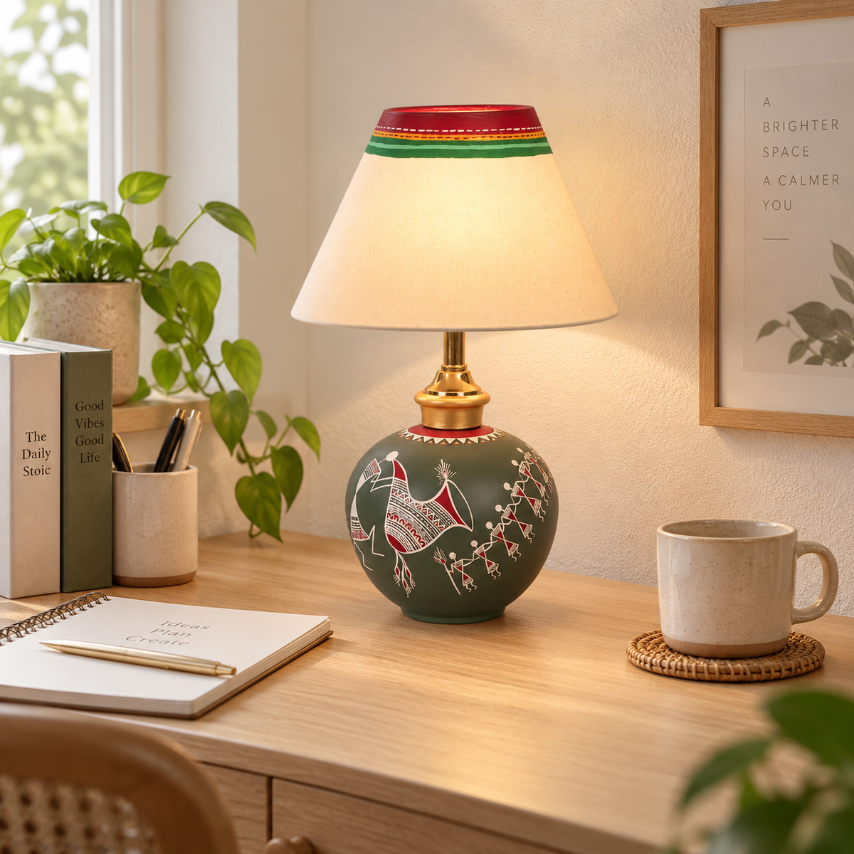 Meher Tribal Terracotta Table Lamp | Multicolor Fabric Shade | Decorative Indian Table Light