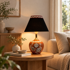 Kavya Tribal Terracotta Table Lamp | Multicolor Cotton Shade | Handmade-Style Decorative Bedside Lamp