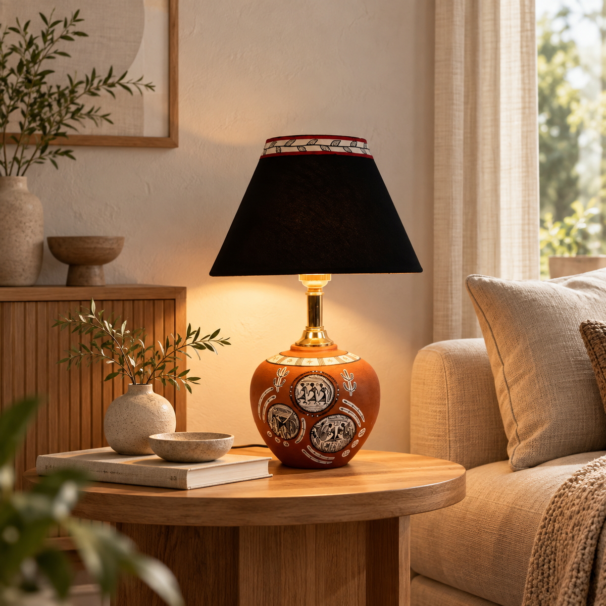 Kavya Tribal Terracotta Table Lamp | Multicolor Cotton Shade | Handmade-Style Decorative Bedside Lamp