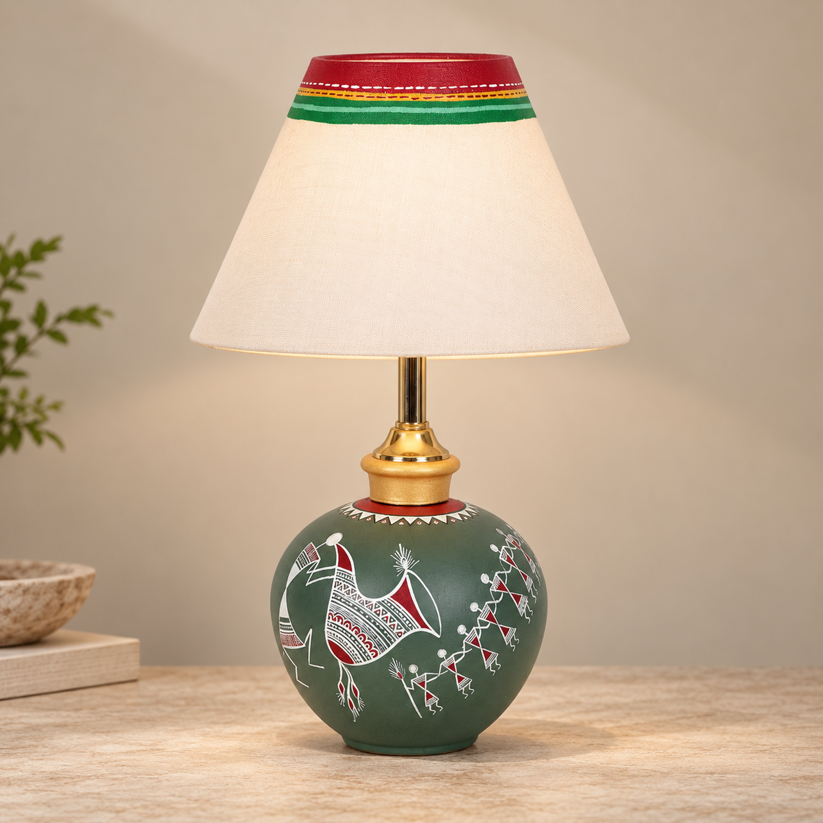 Meher Tribal Terracotta Table Lamp | Multicolor Fabric Shade | Decorative Indian Table Light