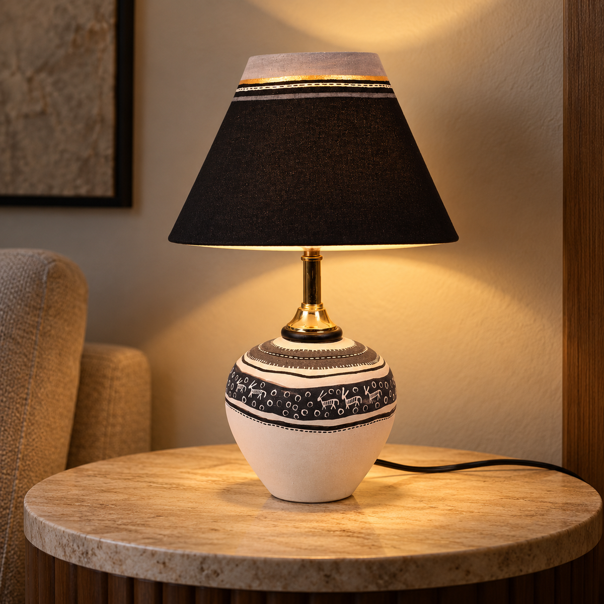 Avni Tribal Terracotta Table Lamp | Black Fabric Conical Shade | Hand-Painted Indian Décor Light