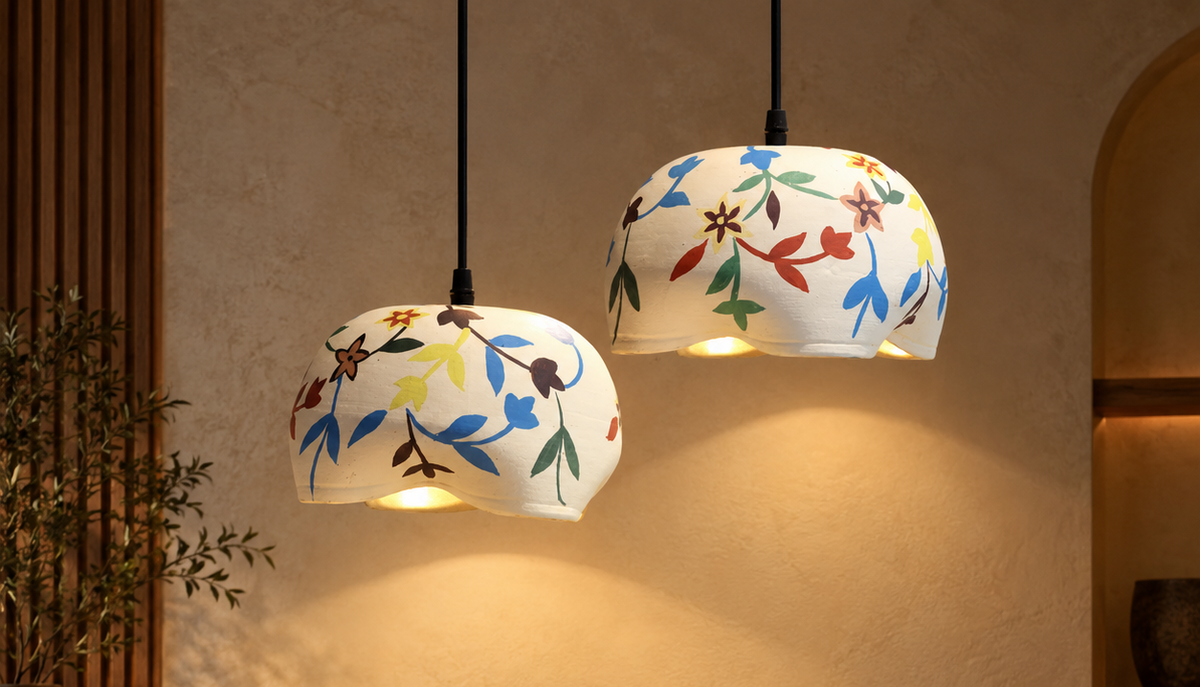 Aaranya Bloom Terracotta Hanging Lamp | Hand-Painted Flower Pendant Light | Eco-Friendly Indian Craft Lighting