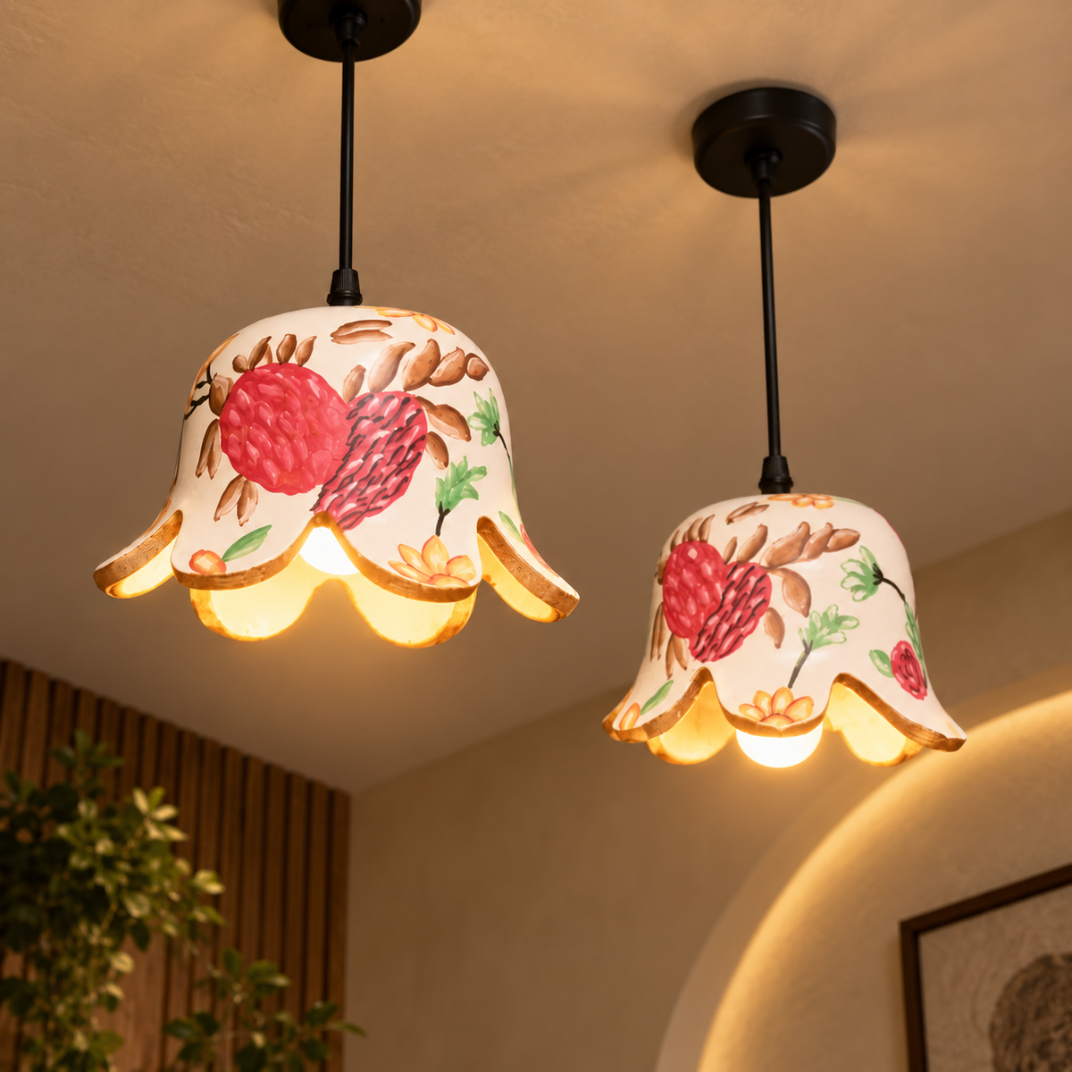 Mrittika Bloom Hanging Lamp | Hand-Painted Terracotta Pendant Light | Sustainable Indian Craft Lighting