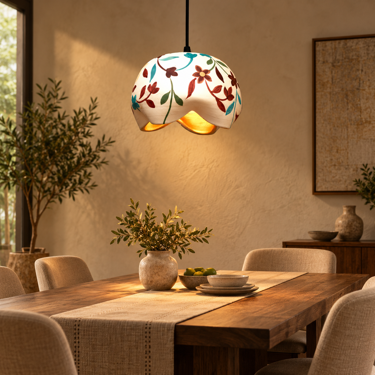 Ishani Terracotta Bloom Hanging Lamp | Hand-Painted Flower Pendant Light | Eco-Friendly Indian Craft Décor