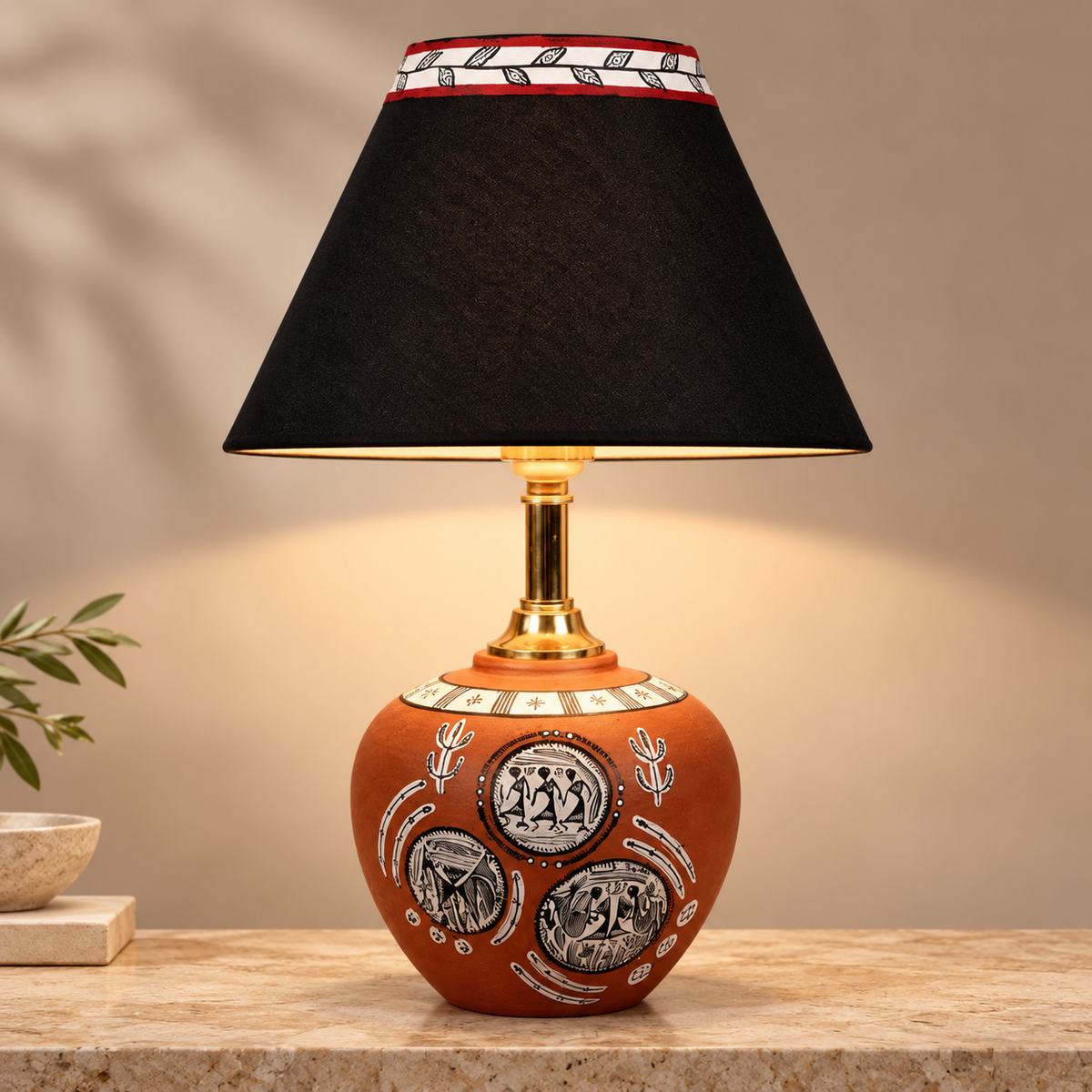 Kavya Tribal Terracotta Table Lamp | Multicolor Cotton Shade | Handmade-Style Decorative Bedside Lamp