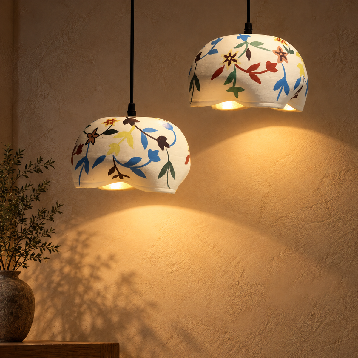 Aaranya Bloom Terracotta Hanging Lamp | Hand-Painted Flower Pendant Light | Eco-Friendly Indian Craft Lighting