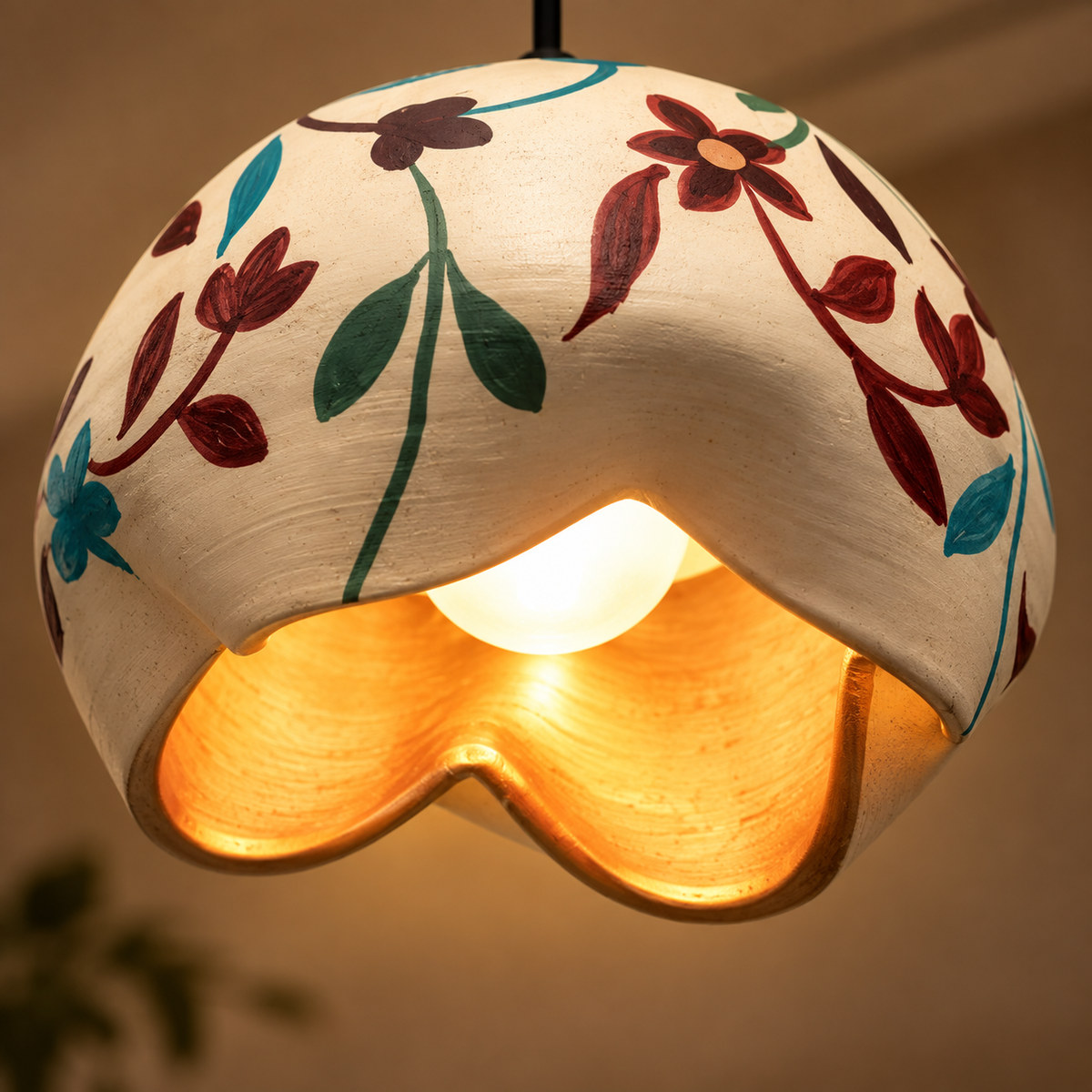 Ishani Terracotta Bloom Hanging Lamp | Hand-Painted Flower Pendant Light | Eco-Friendly Indian Craft Décor