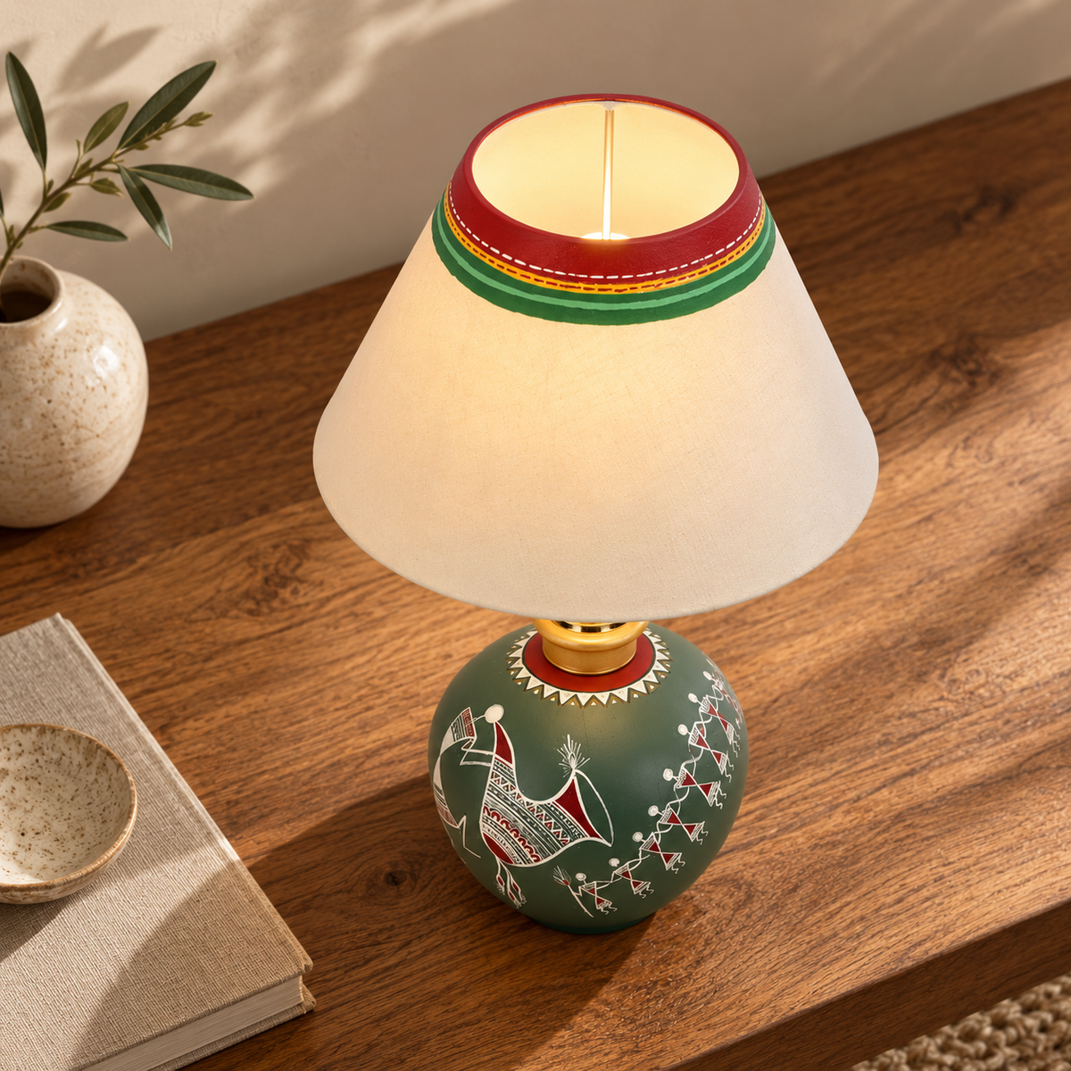 Meher Tribal Terracotta Table Lamp | Multicolor Fabric Shade | Decorative Indian Table Light