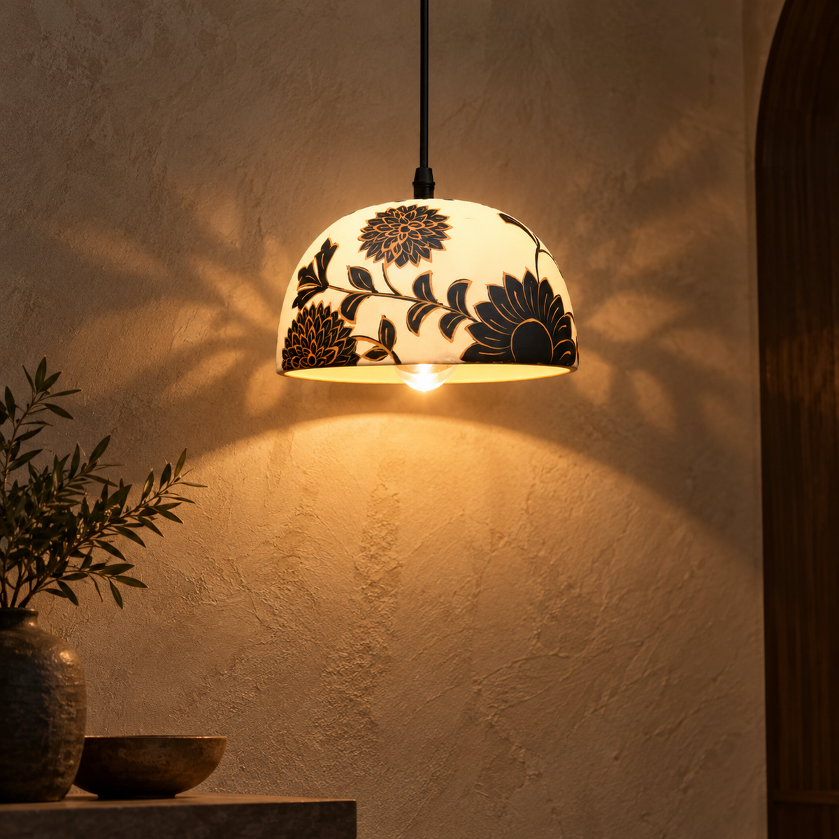 Aarika Terracotta Bloom Hanging Lamp | Hand-Painted Indian Pendant Light | Eco-Friendly Artisan Lighting