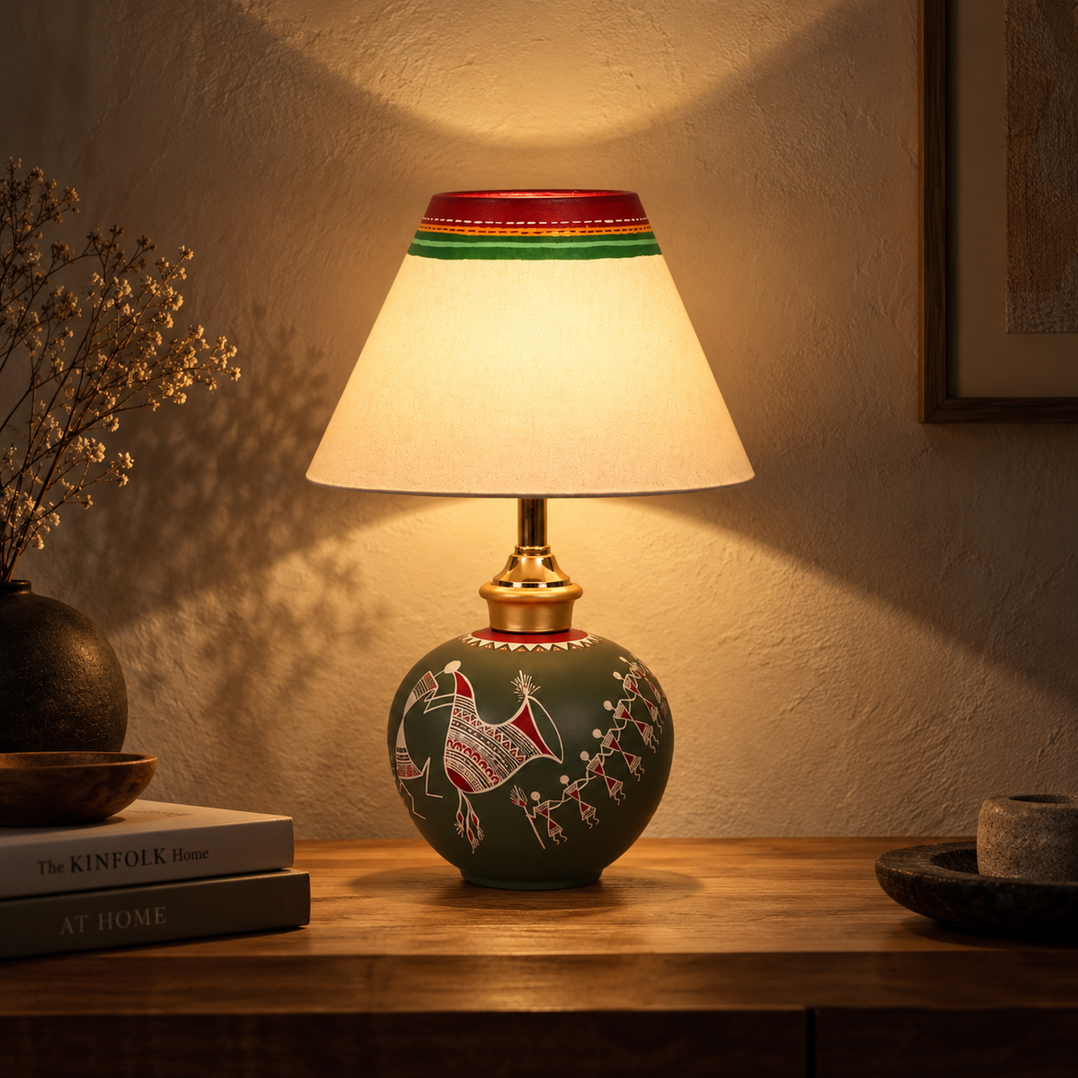 Meher Tribal Terracotta Table Lamp | Multicolor Fabric Shade | Decorative Indian Table Light