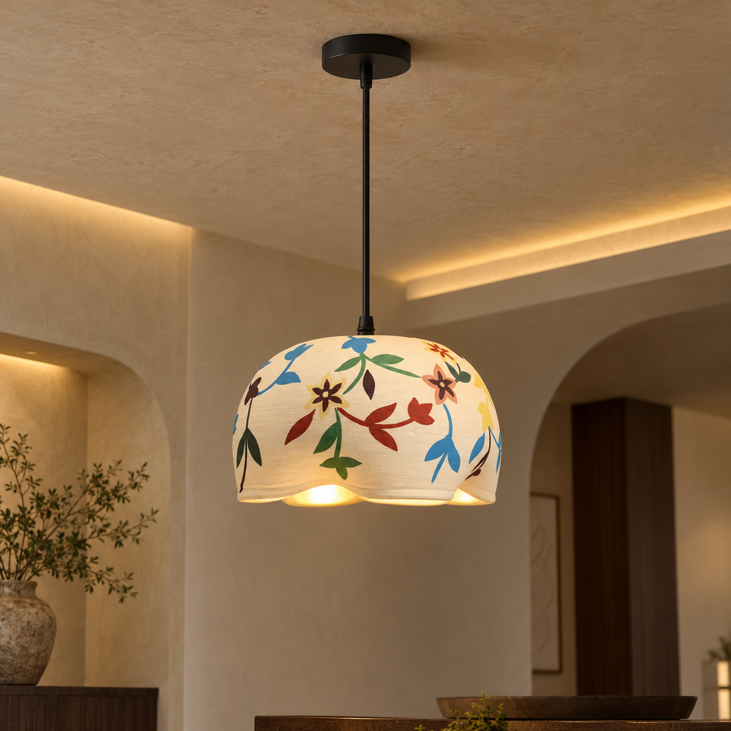 Aaranya Bloom Terracotta Hanging Lamp | Hand-Painted Flower Pendant Light | Eco-Friendly Indian Craft Lighting