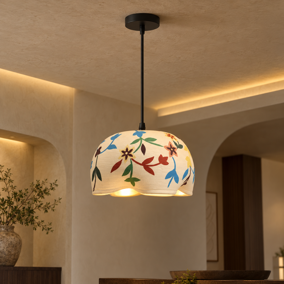 Aaranya Bloom Terracotta Hanging Lamp | Hand-Painted Flower Pendant Light | Eco-Friendly Indian Craft Lighting