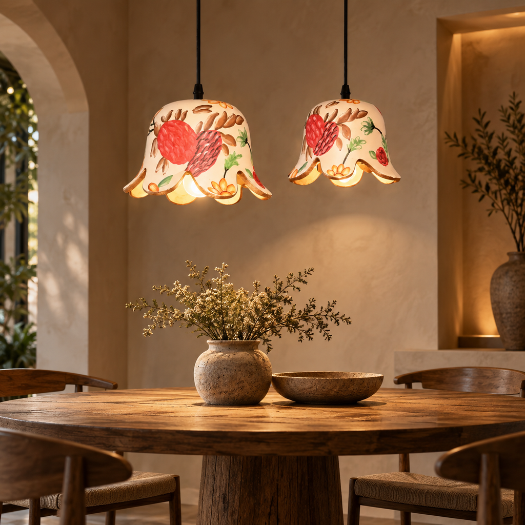 Mrittika Bloom Hanging Lamp | Hand-Painted Terracotta Pendant Light | Sustainable Indian Craft Lighting