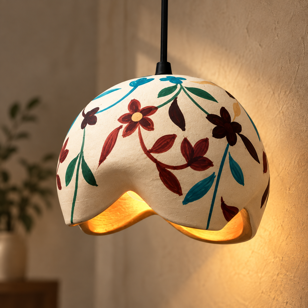 Ishani Terracotta Bloom Hanging Lamp | Hand-Painted Flower Pendant Light | Eco-Friendly Indian Craft Décor