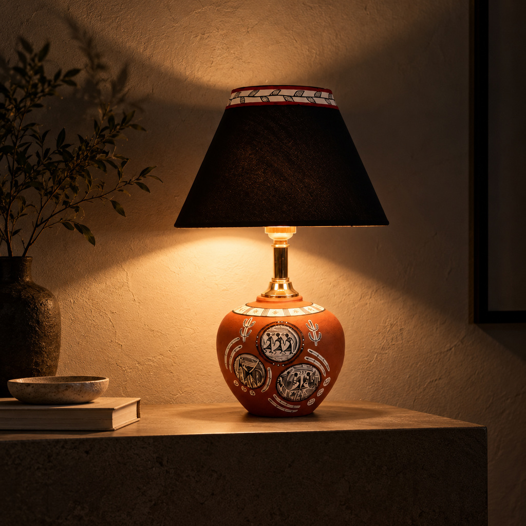 Kavya Tribal Terracotta Table Lamp | Multicolor Cotton Shade | Handmade-Style Decorative Bedside Lamp