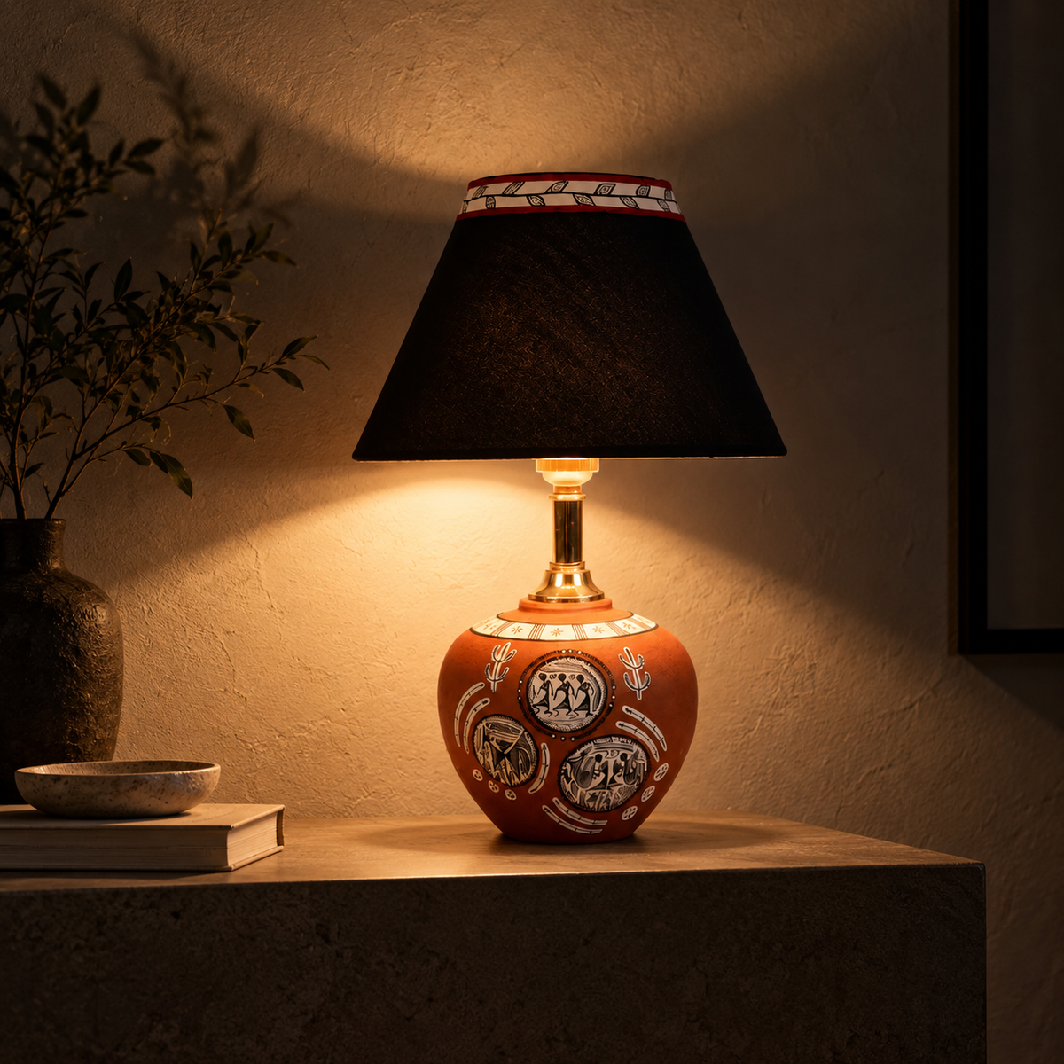 Kavya Tribal Terracotta Table Lamp | Multicolor Cotton Shade | Handmade-Style Decorative Bedside Lamp
