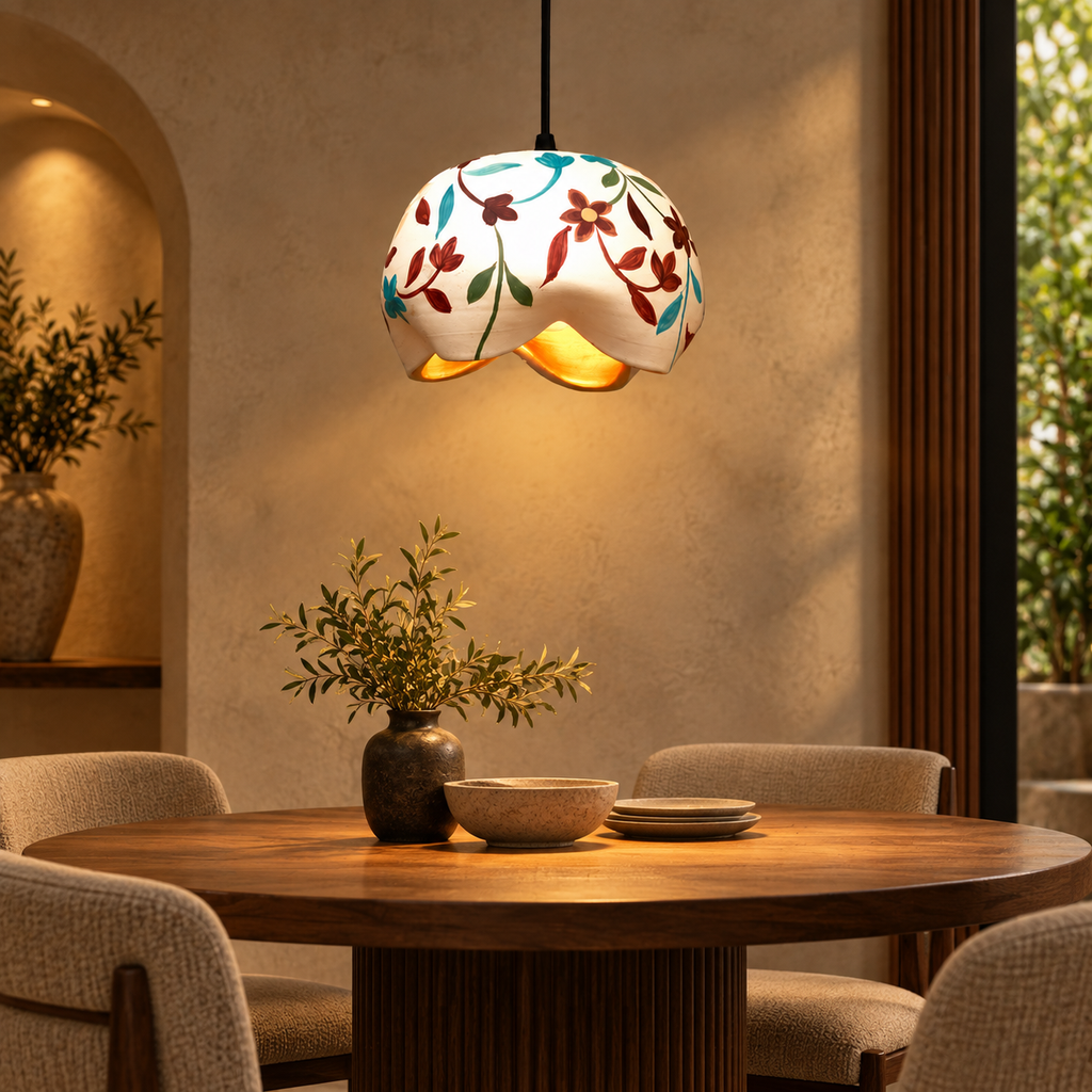 Ishani Terracotta Bloom Hanging Lamp | Hand-Painted Flower Pendant Light | Eco-Friendly Indian Craft Décor