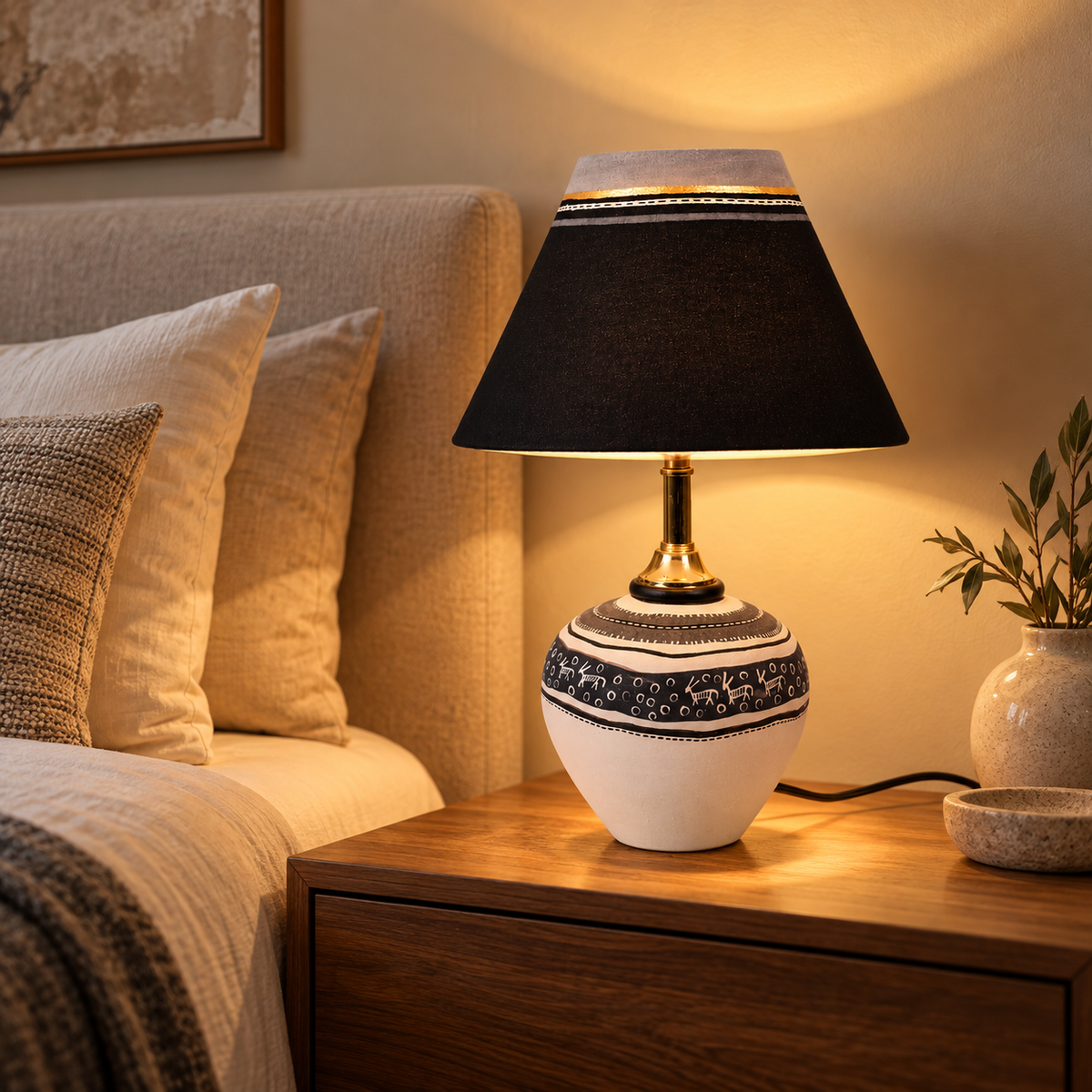Avni Tribal Terracotta Table Lamp | Black Fabric Conical Shade | Hand-Painted Indian Décor Light