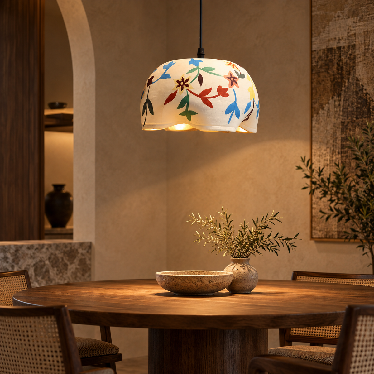 Aaranya Bloom Terracotta Hanging Lamp | Hand-Painted Flower Pendant Light | Eco-Friendly Indian Craft Lighting