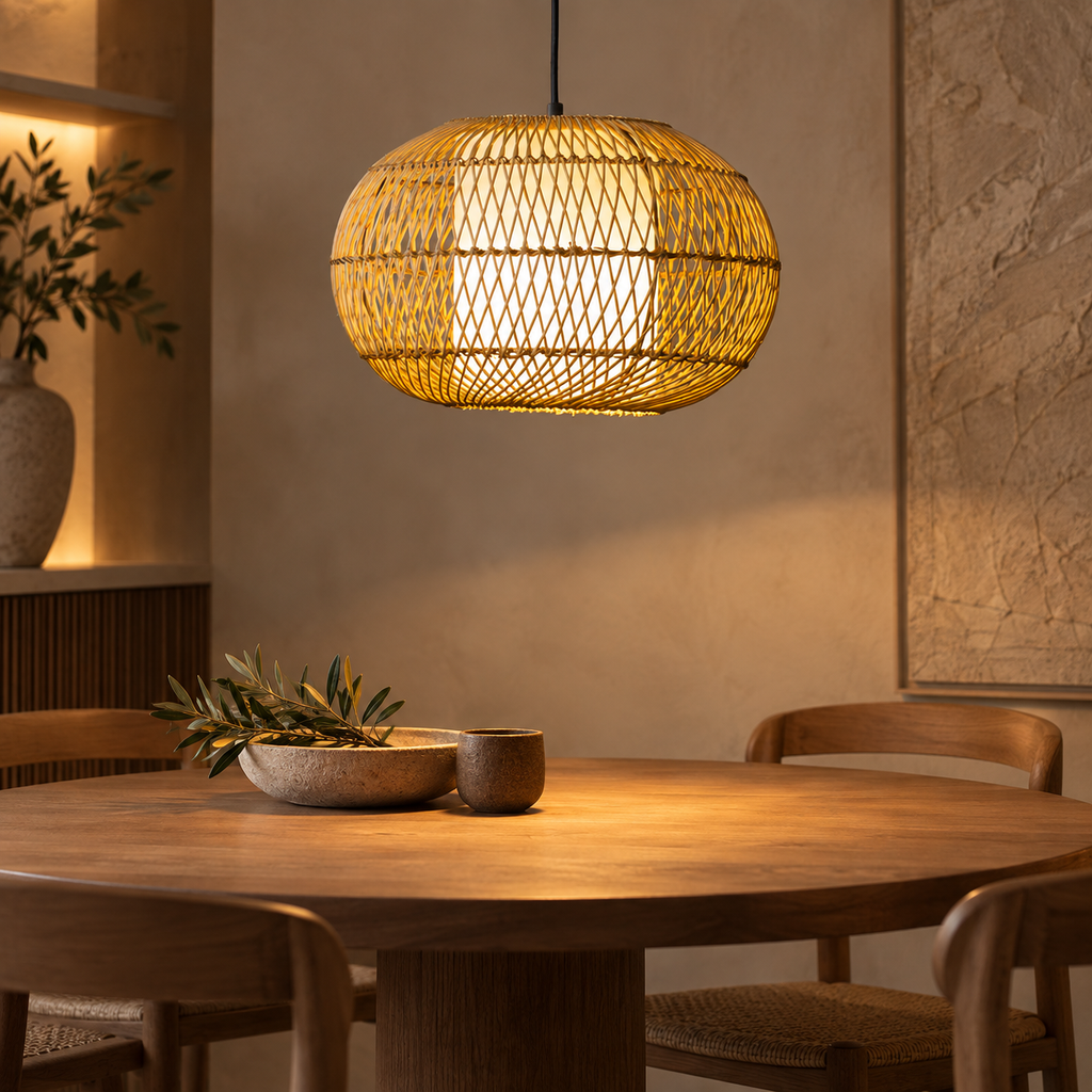 Mabel Caneweave Pendant Lamp | Natural Cane & Poplin Fabric Hanging Light | Elegant Ambient Lighting