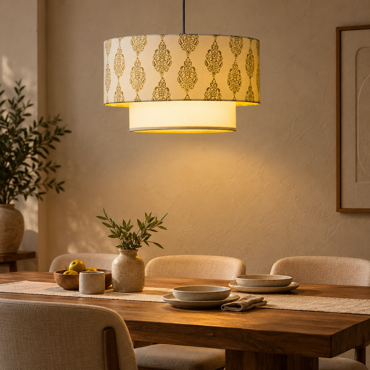 Gulika Blockprint Pendant Lamp | Off-White Hand Block Printed Fabric Hanging Light | Artisan Ambient Lighting