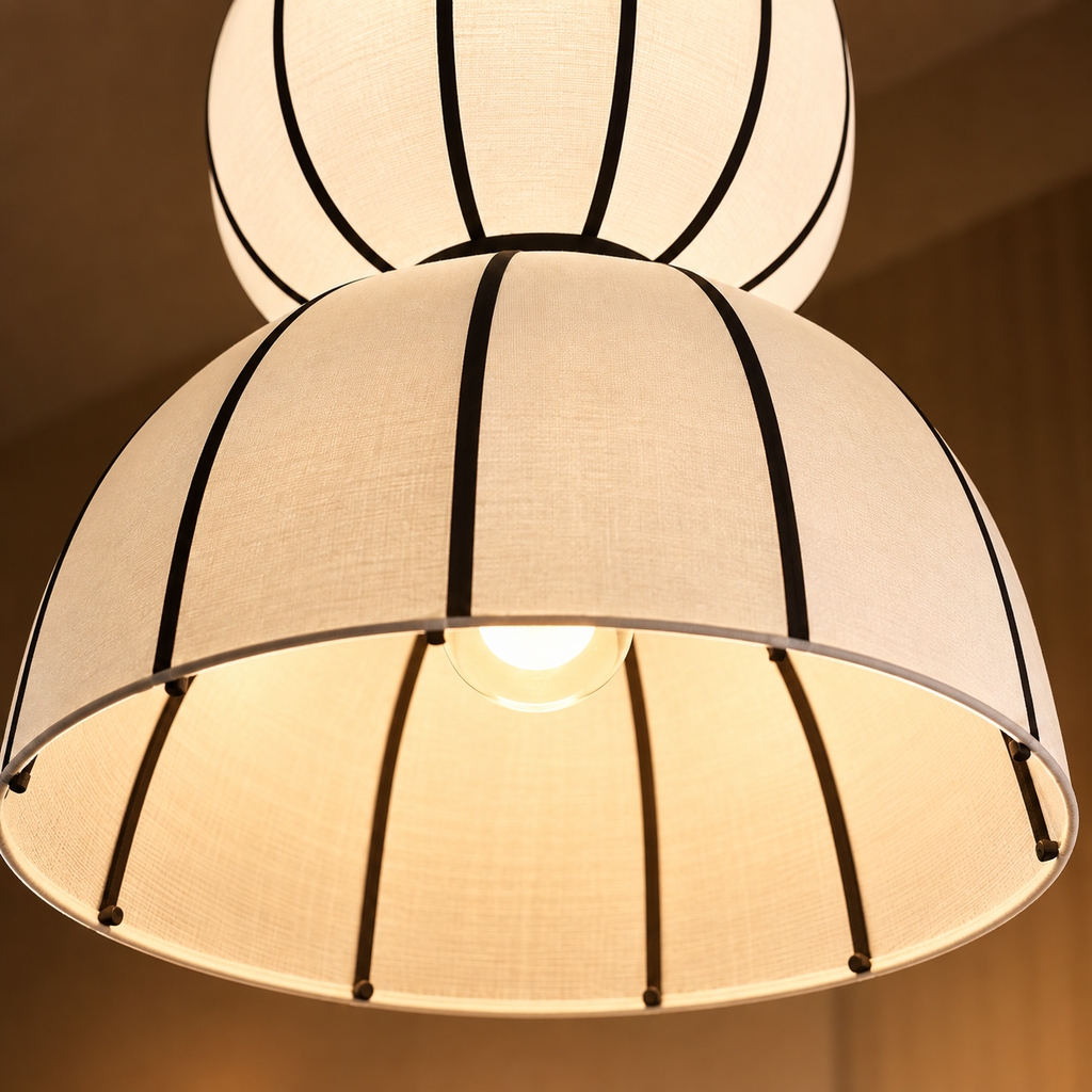 Alora Lantern Pendant Lamp | Off-White Poplin Fabric Hanging Light | Modern Black Detail Lighting