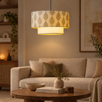 Gulika Blockprint Pendant Lamp | Off-White Hand Block Printed Fabric Hanging Light | Artisan Ambient Lighting