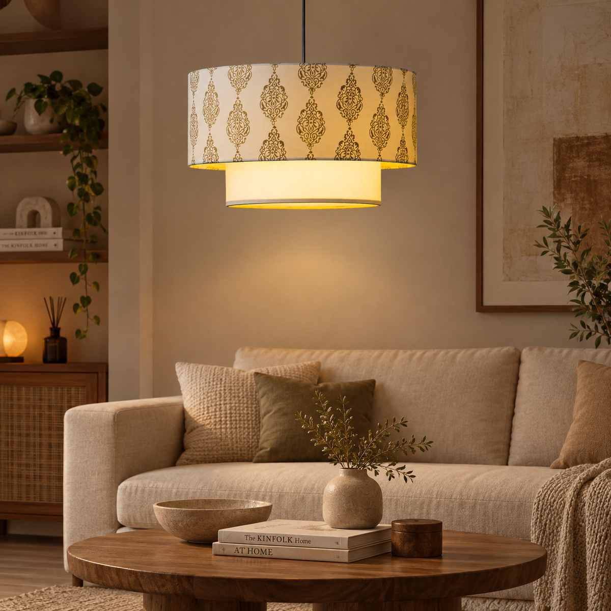 Gulika Blockprint Pendant Lamp | Off-White Hand Block Printed Fabric Hanging Light | Artisan Ambient Lighting