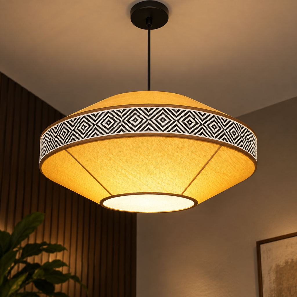 Taara Blockprint Pendant Lamp | Warm Yellow Poplin Fabric Hanging Light | Handcrafted Ambient Décor