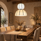 Alora Lantern Pendant Lamp | Off-White Poplin Fabric Hanging Light | Modern Black Detail Lighting
