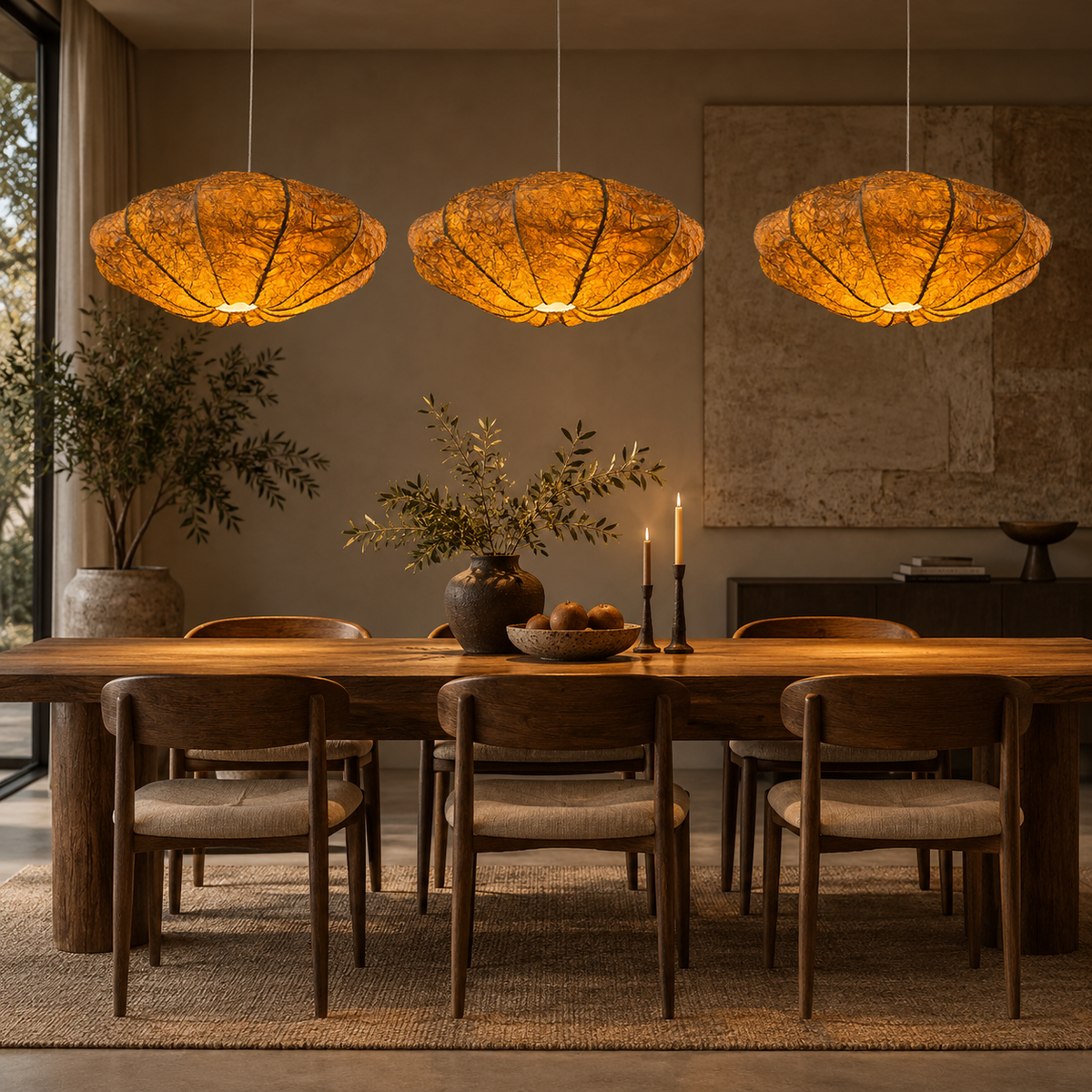 Chandra Aurora Pendant Lamp | Natural Banana Fiber Paper Hanging Light | Moon-Inspired Ambient Lighting