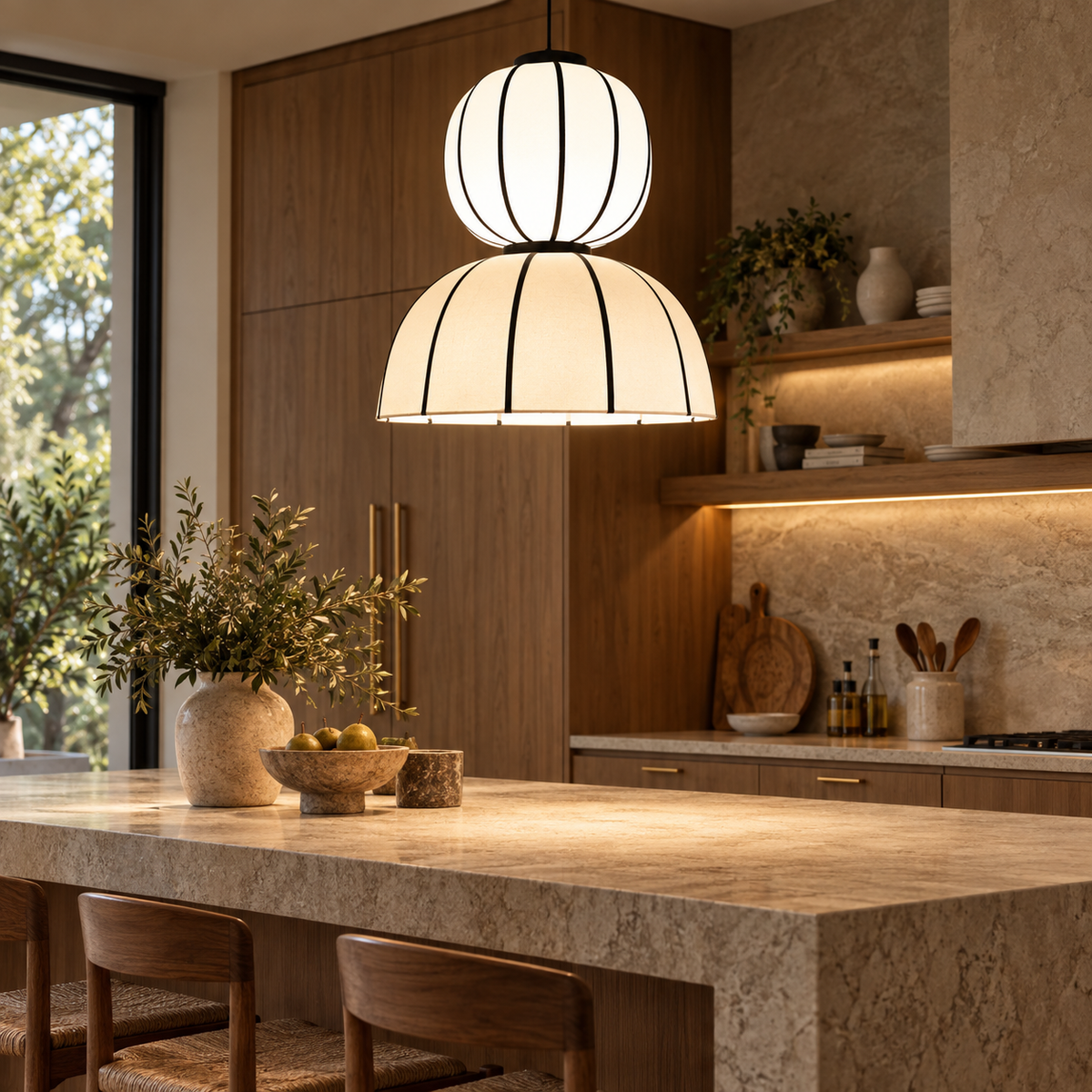 Alora Lantern Pendant Lamp | Off-White Poplin Fabric Hanging Light | Modern Black Detail Lighting